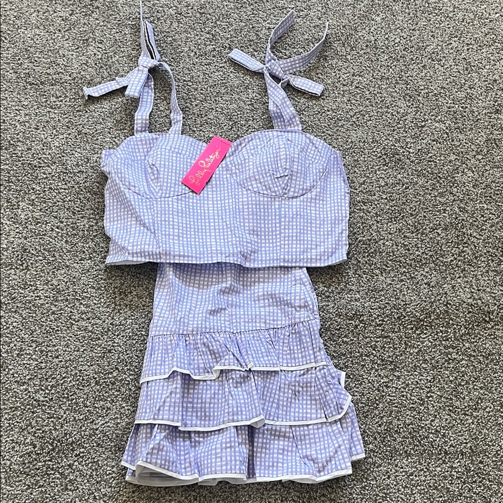 NWT Lilly Pulitzer Lavender Gingham Tie-Shoulder Crop Top Skirt Set Size 14